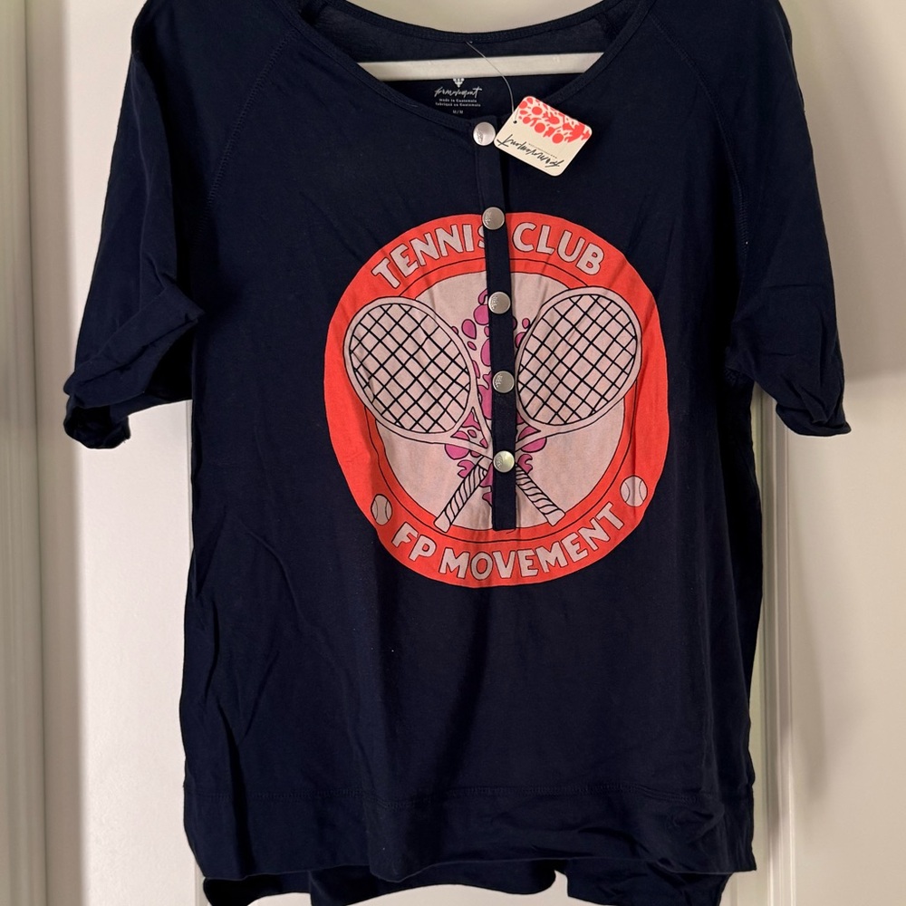 NWT FP Movement Free People Navy Tennis Club Print Snap T Shirt Top $68 Sz M